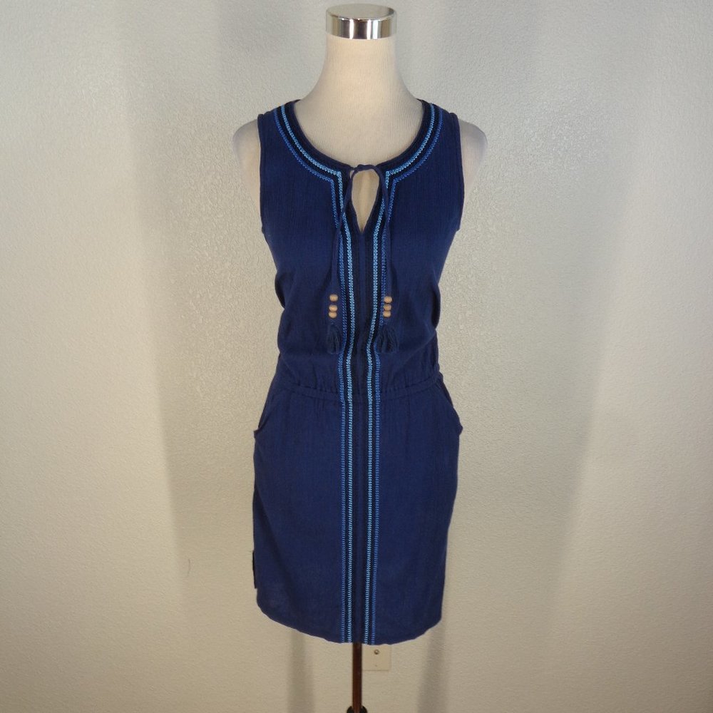 Talbots Sleeveless Dress Size XS Navy Blue Embroidered, drawstring waist, tassel